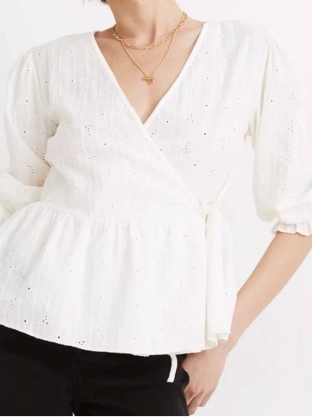 Madewell Embroidered Ivory Off White Eyelet Puff Sleeve Peplum Wrap Top Size XS